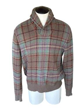 Polo Ralph Lauren XL Cotton Cashmere Plaid Shawl Collar Sweater Suede Elbow Y2K
